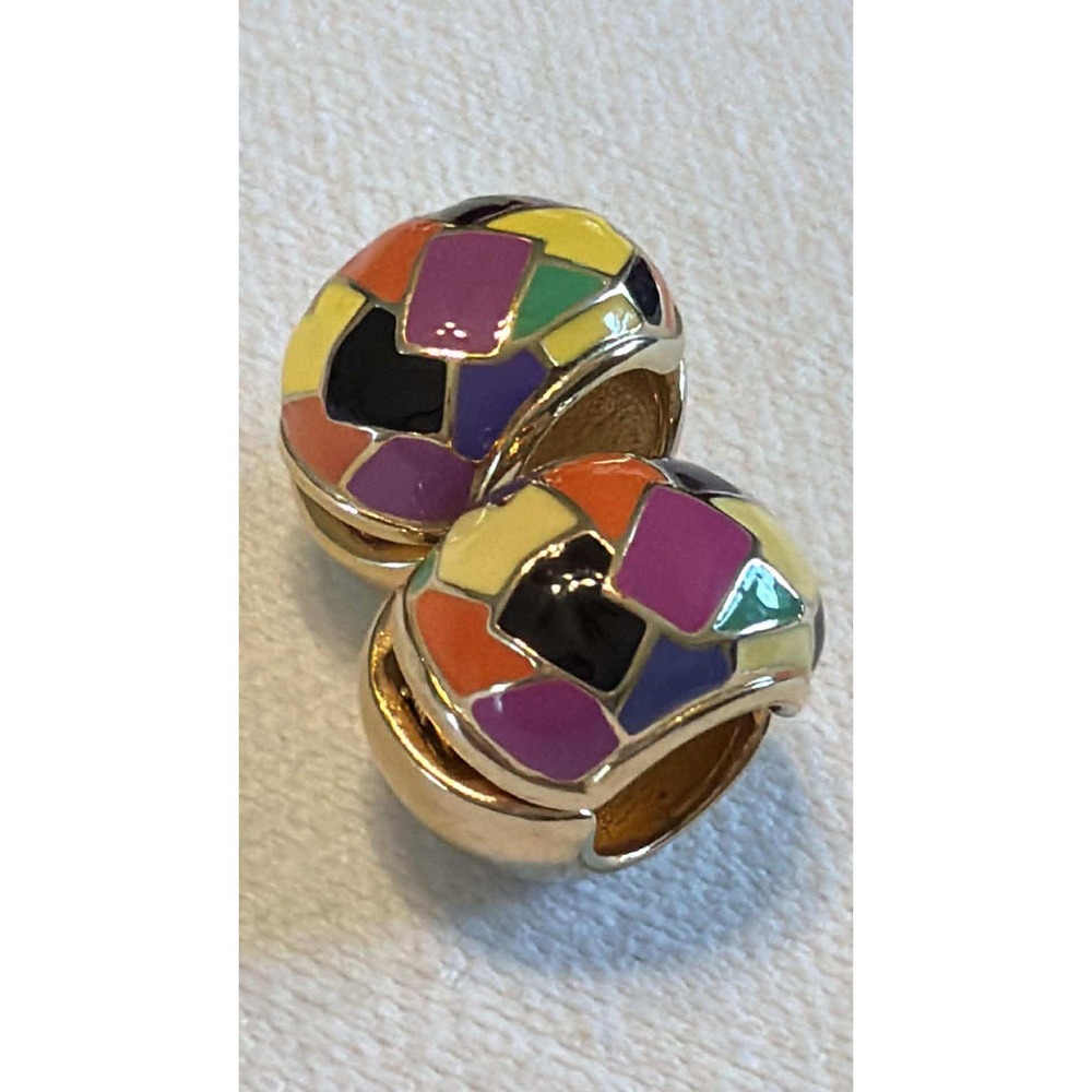 Erwin Pearl Vintage 80s Mosaic Enamel Huggie Hoop Earrings Gold Tone Multi Color - Picture 3 of 10